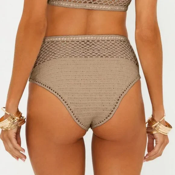 Beach Riot Brinley High Waist Open Knit Bikini Bottoms Tan Medium - Picture 2 of 6